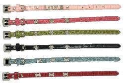 Valhoma Blue 1/2" Leather Faux Alligator Bone Jeweled Dog Collar 12"